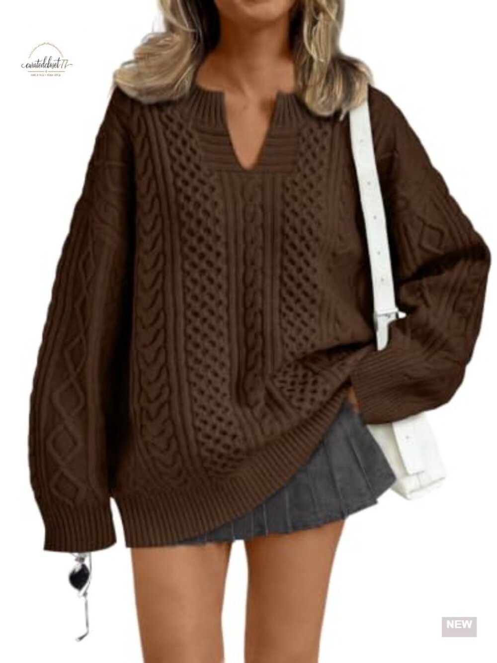 Oversized Cable Knit V-Neck Sweater Pullover Women Fall Winter Warm
